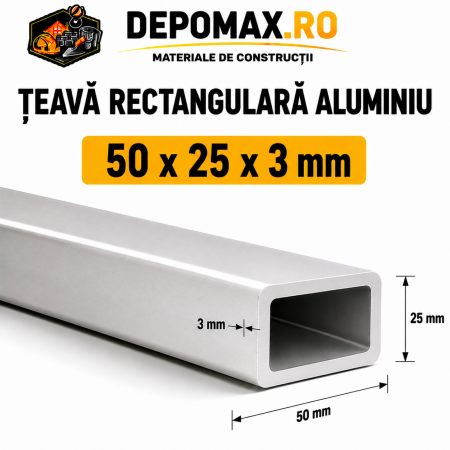 Teava rectangulara aluminiu 50 x 25 x 3 mm, 6 metri (EN AW-6060)
